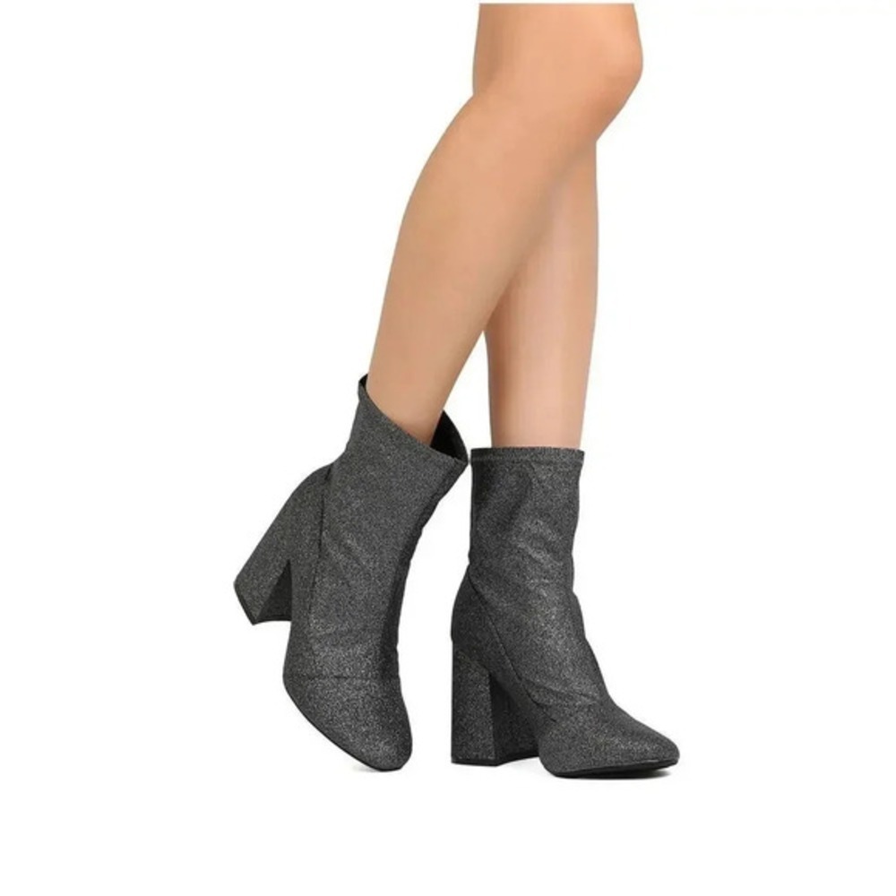 Cape Robbin Sock Ankle Boots 6.5 Gunmetal Glitter Block Heel Stretch Pull On